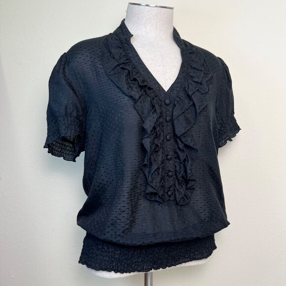 ESLEY Black Ruffle Button Short Sleeve Blouse Top Size Large - Picture 2 of 8